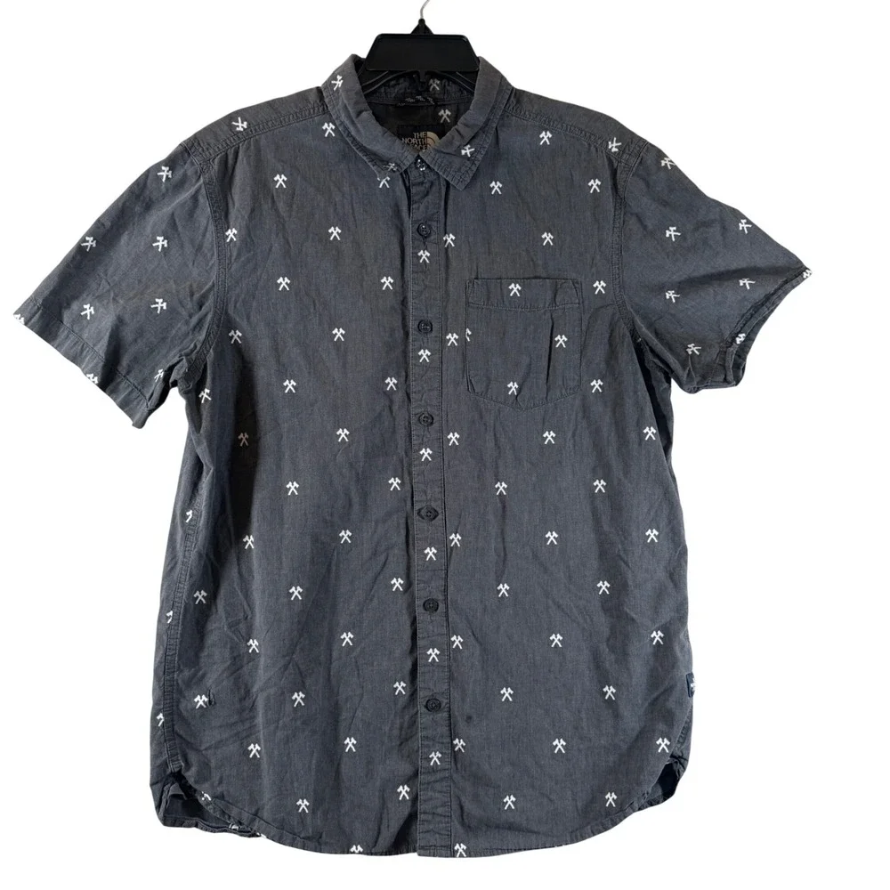 The North Face Shirt Large Pickaxe Print Gray Short Sleeve Button Down Men L